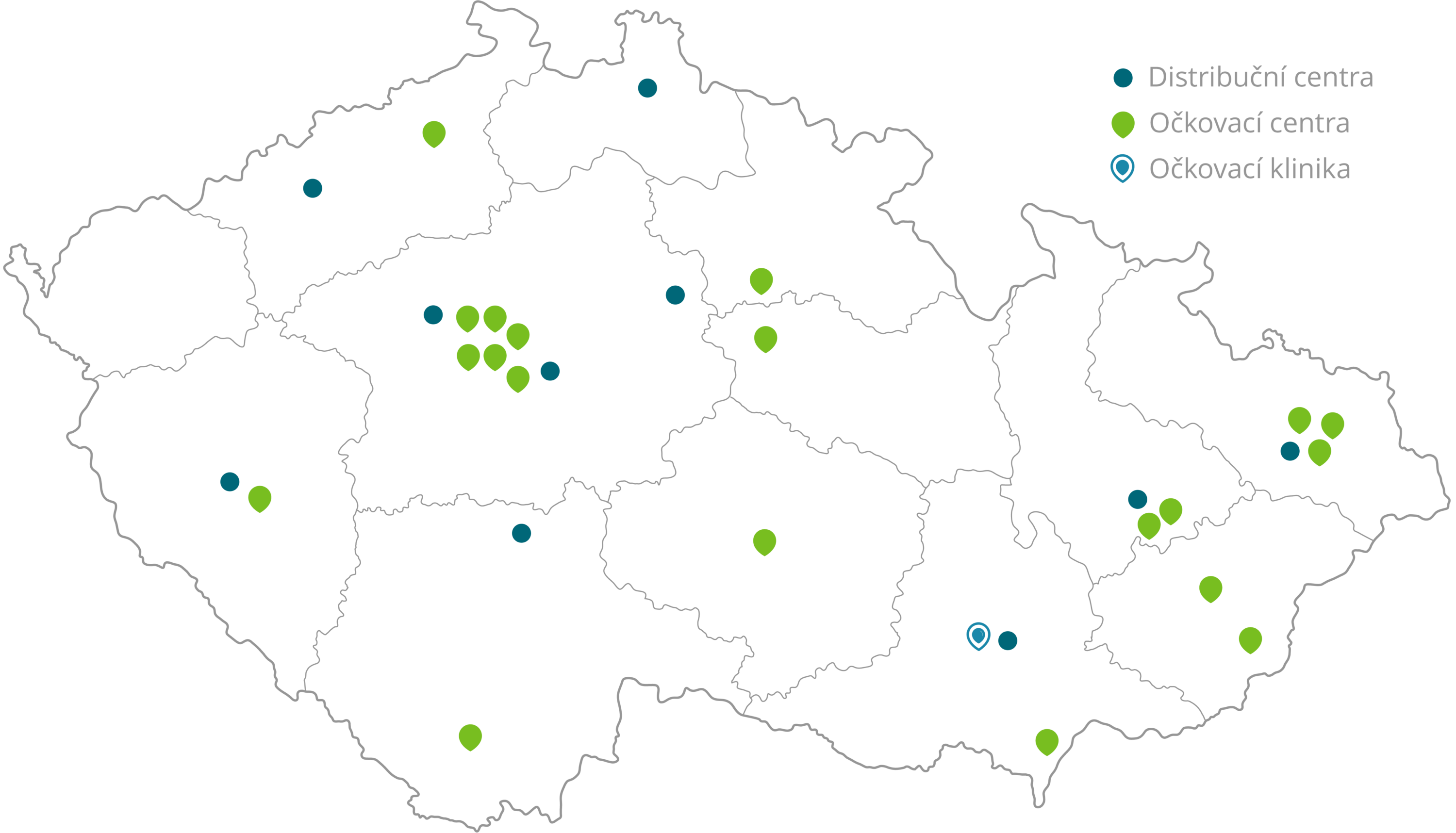 Map showing distribution centers (blue dots), vaccination centers (green dots), and vaccination clinics (blue map pins) across the country.