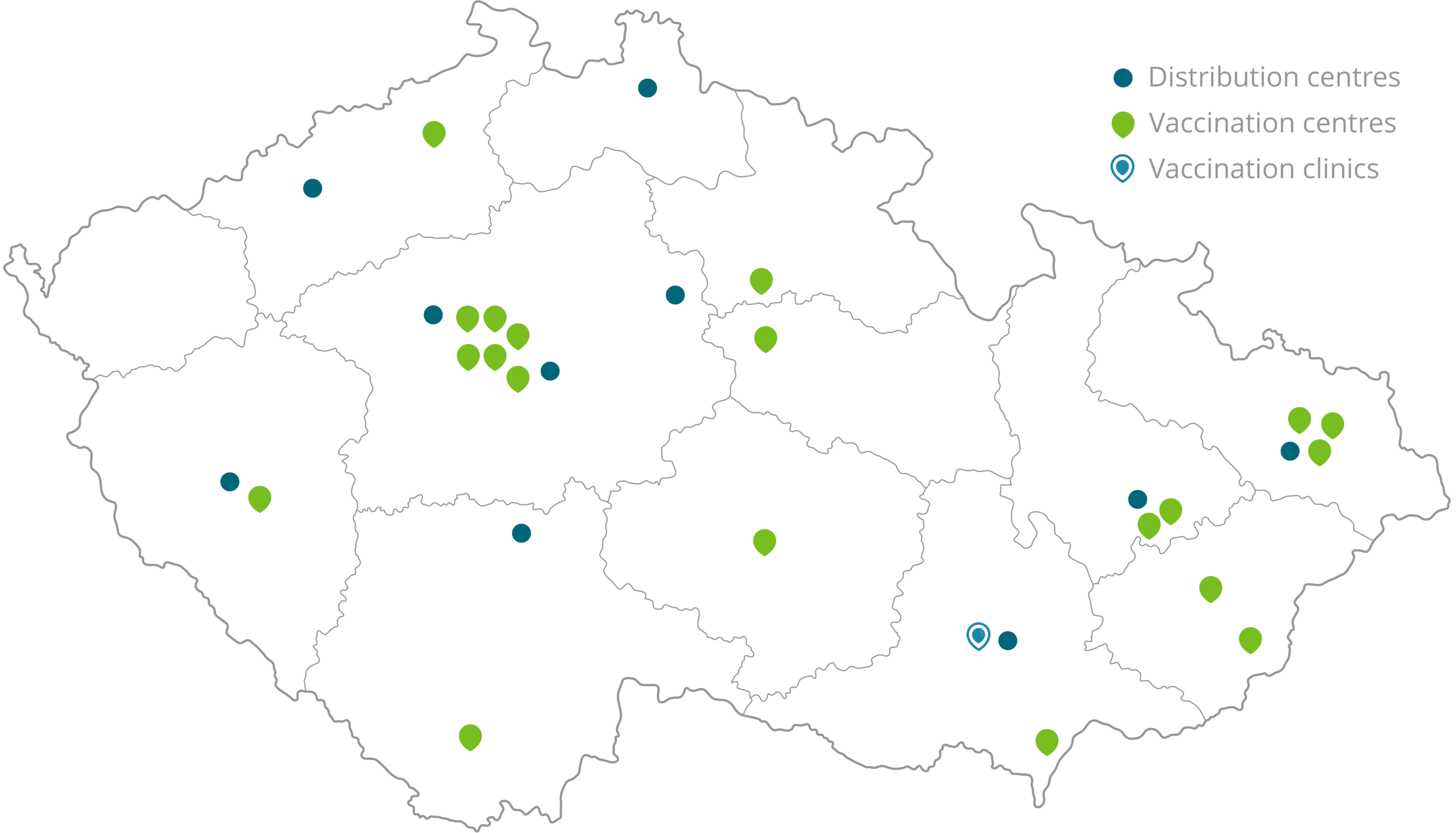 Map showing locations: teal dots = distribution centers, green markers = vaccination centers, blue pins = vaccination clinics across the region.