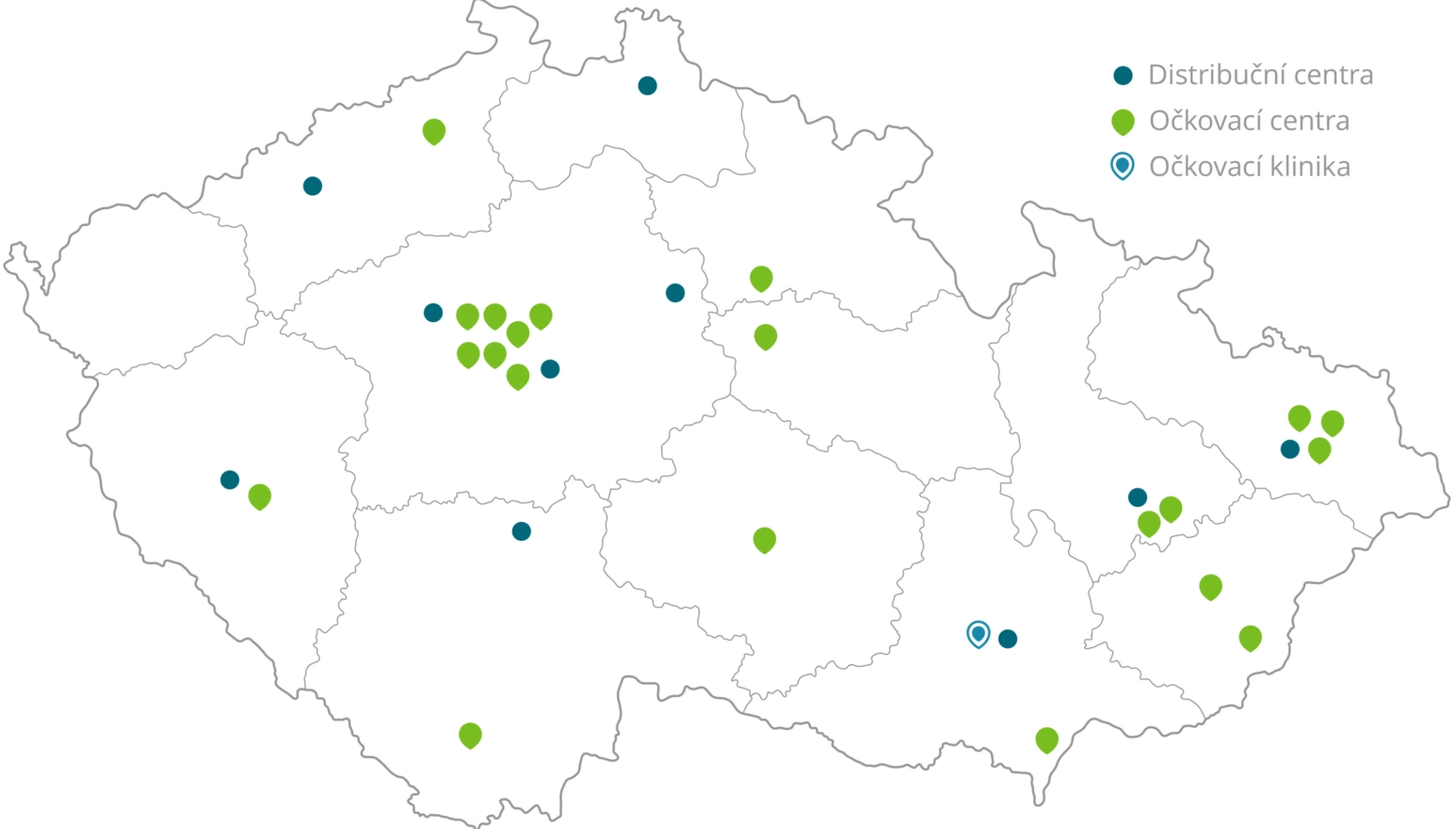 Map of the Czech Republic with blue dots for distribution centers, green teardrop markers for vaccination centers, and blue pin icons for vaccination clinics, showing locations across the country.