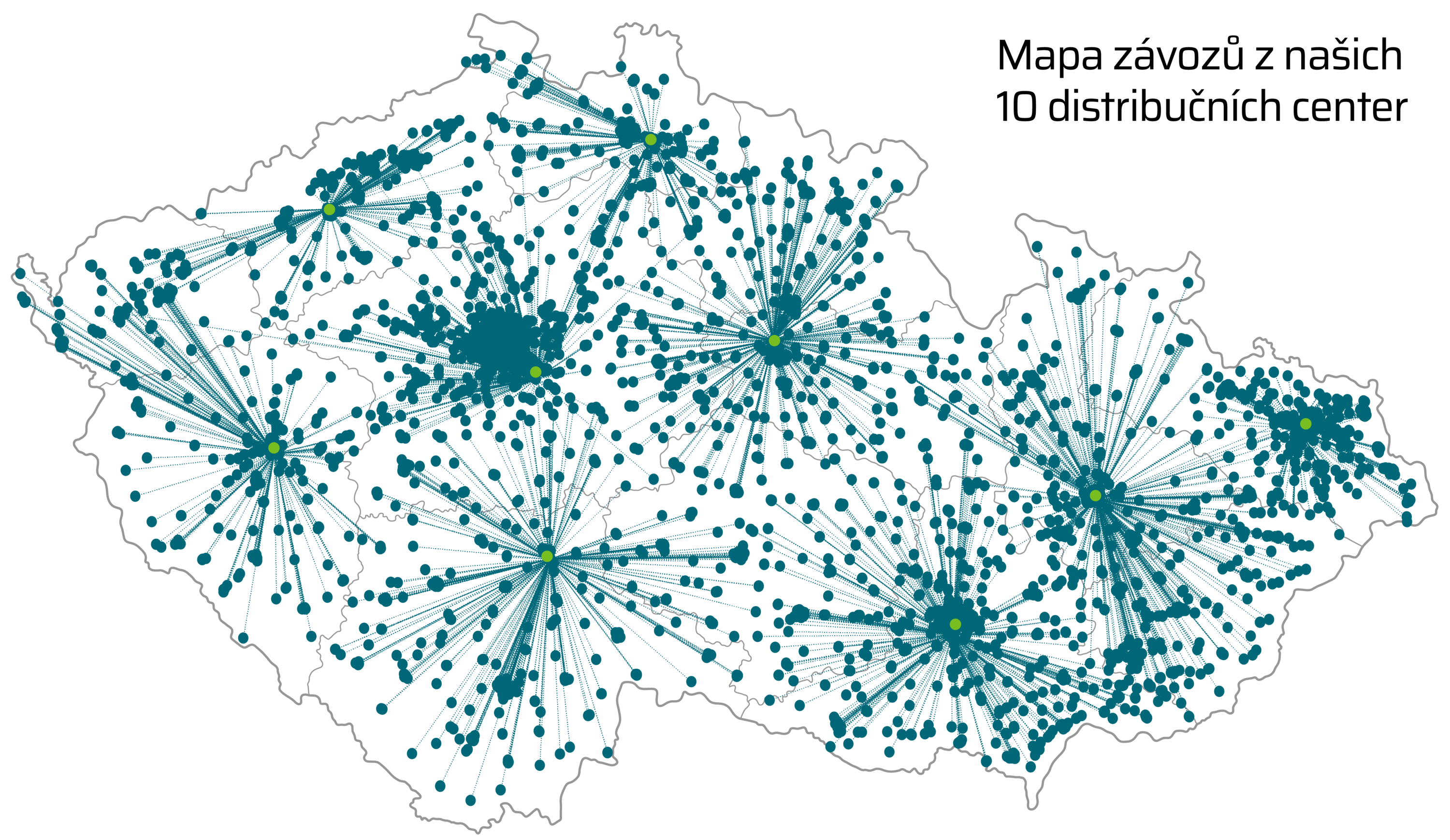 Network map of Germany with teal hub-and-spoke connections radiating from green central hubs across the country edge outline.