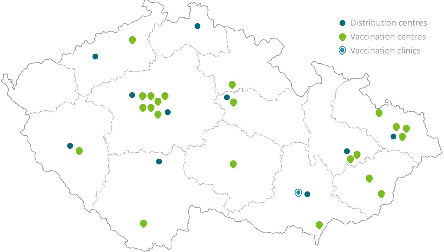 Map showing distribution centers (blue dots), vaccination centers (green pins), and vaccination clinics (blue outlined pins) across the country with clusters in central and southern regions.